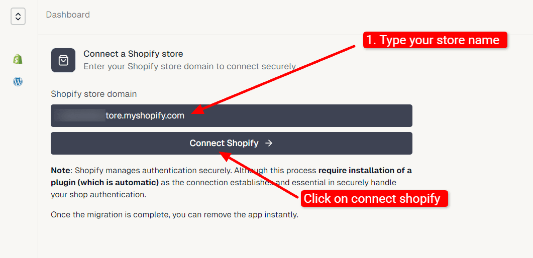Shopify store domain field filled in with a .myshopify.com address