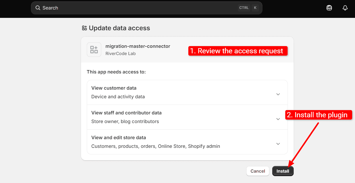 Shopify Install app screen listing the data the migration-master-connector app needs access to