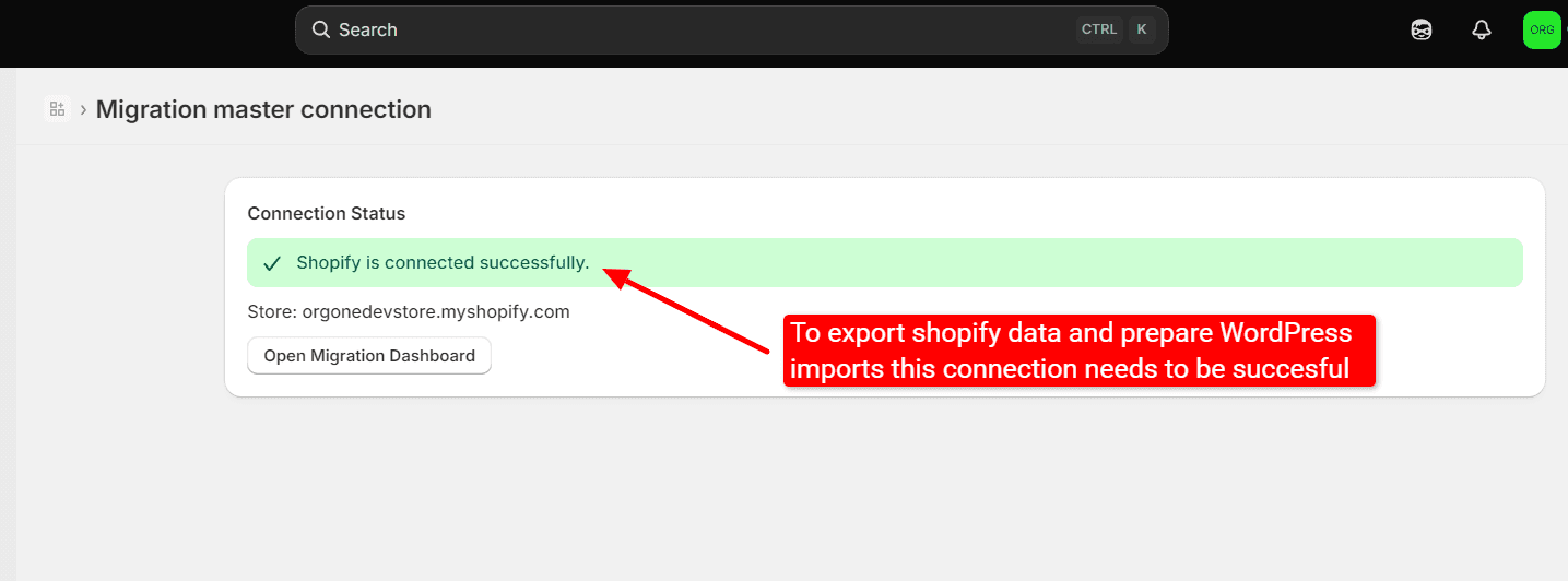 Migration master connection page briefly showing a not-connected status while the connection finishes