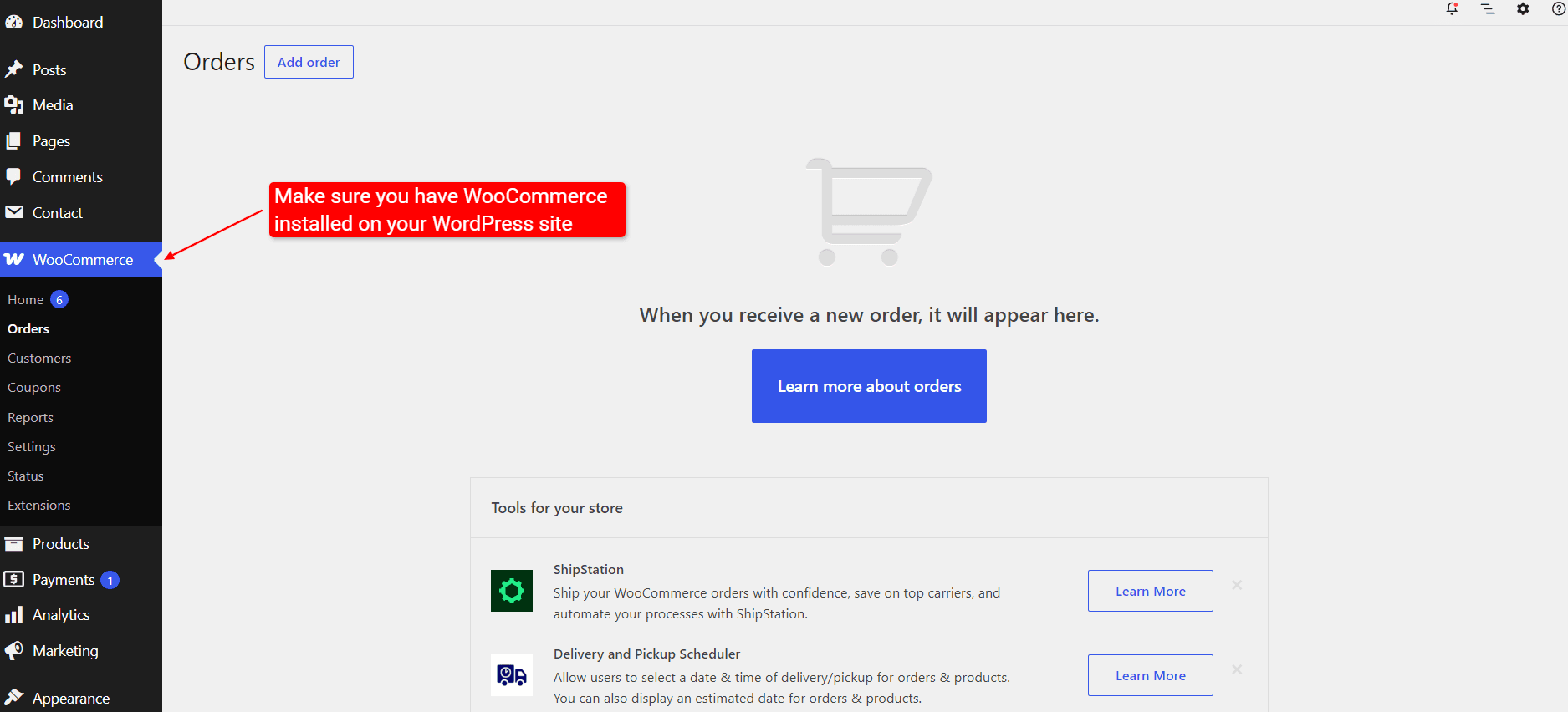 WordPress/WooCommerce dashboard on the destination site