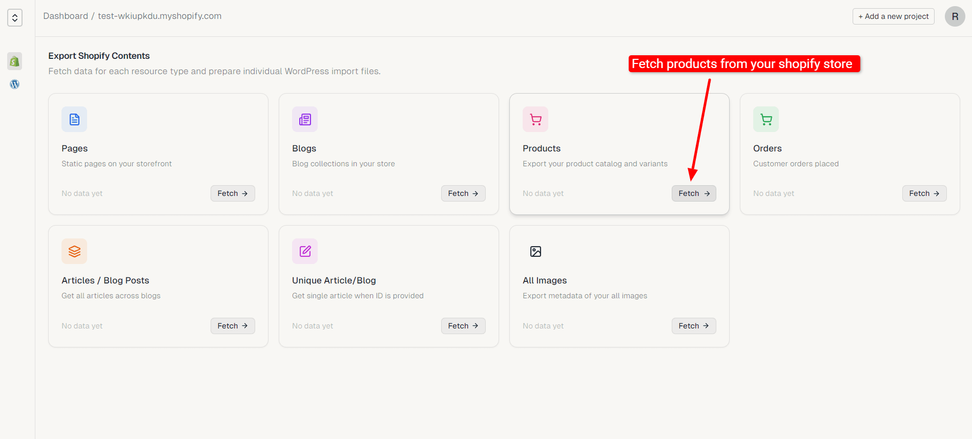 Export Shopify Contents dashboard with Pages, Blogs, Products, Orders, Articles, and Images
