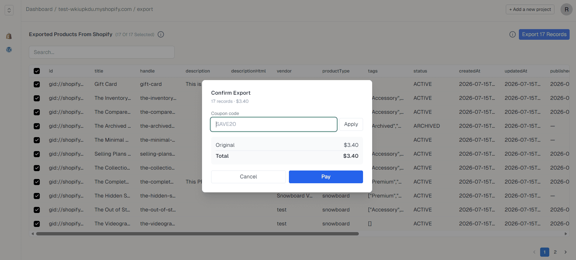 Confirm export dialog showing record count, coupon code field, and total cost