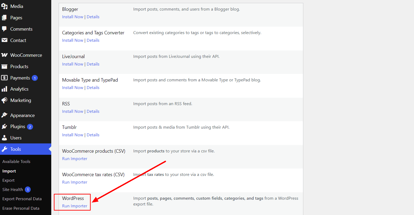 WordPress Import screen listing available importers, including WordPress and WooCommerce CSV