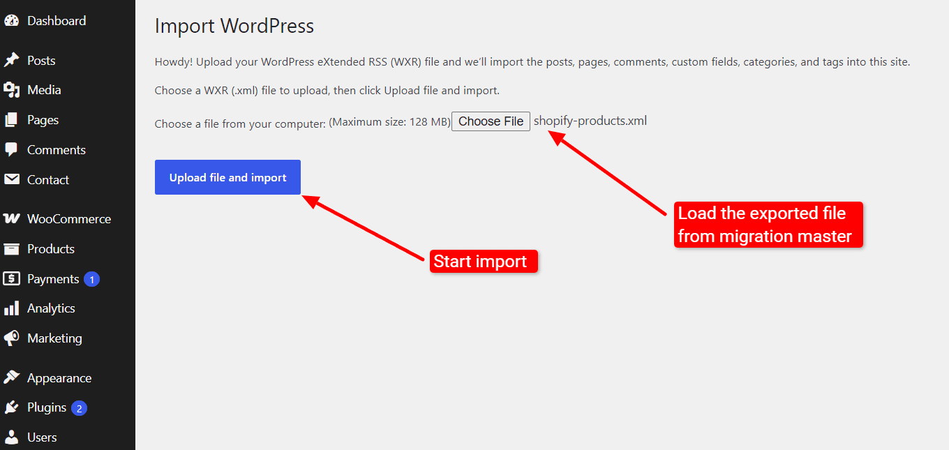 WordPress importer file upload screen with Choose File button