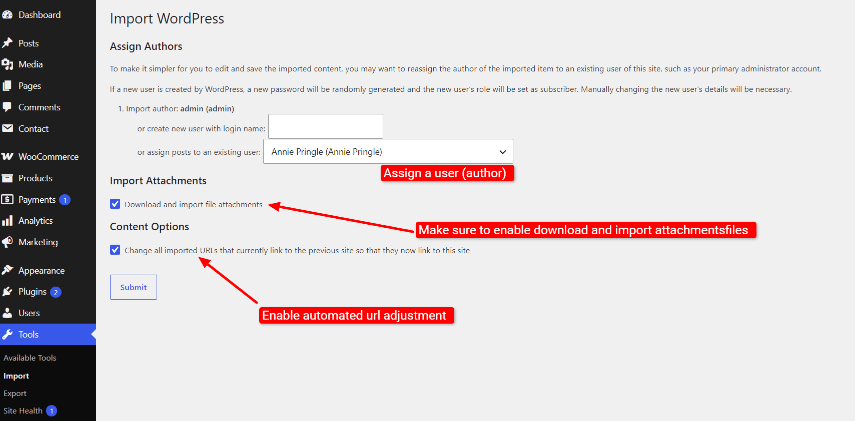 Import settings screen for assigning authors and enabling attachment downloads