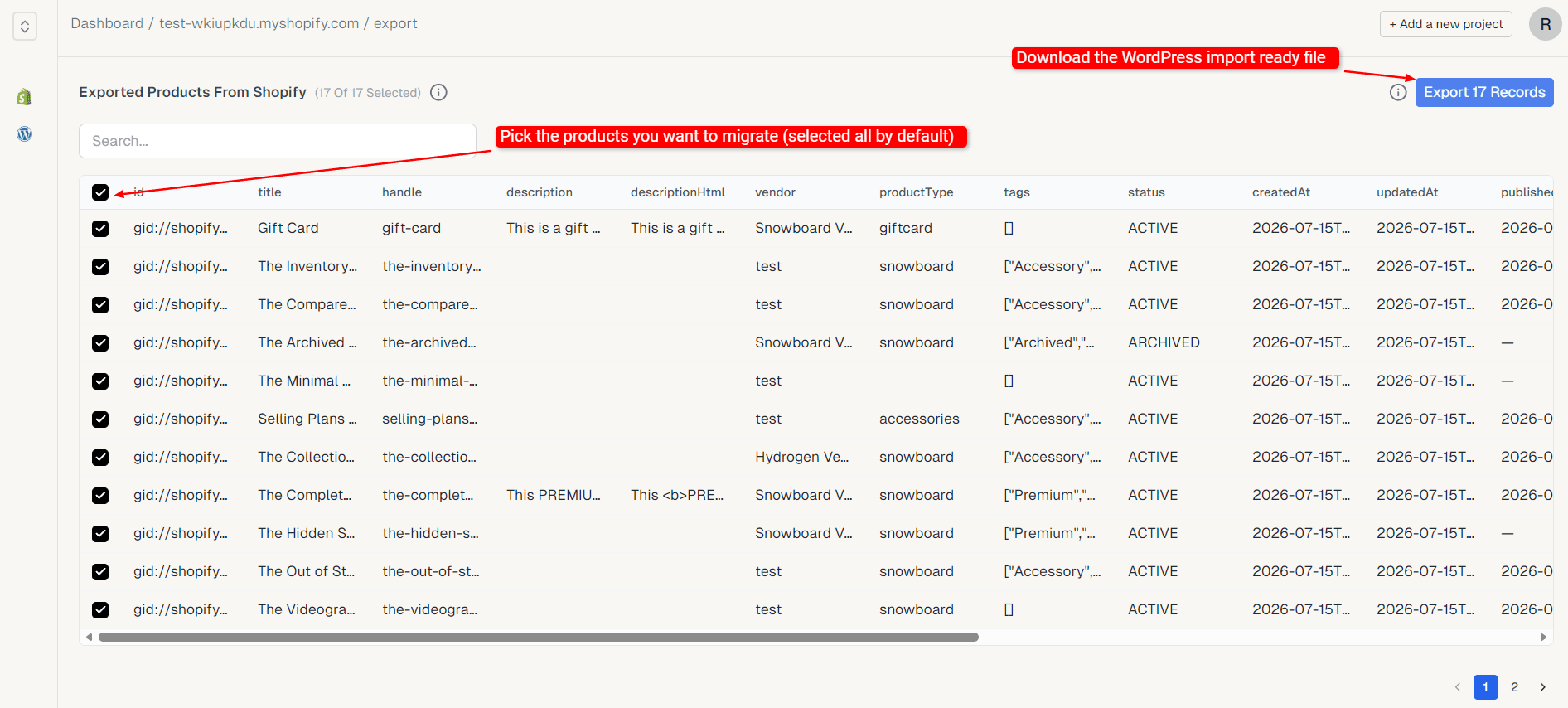 Export table with a refined, smaller selection of products checked