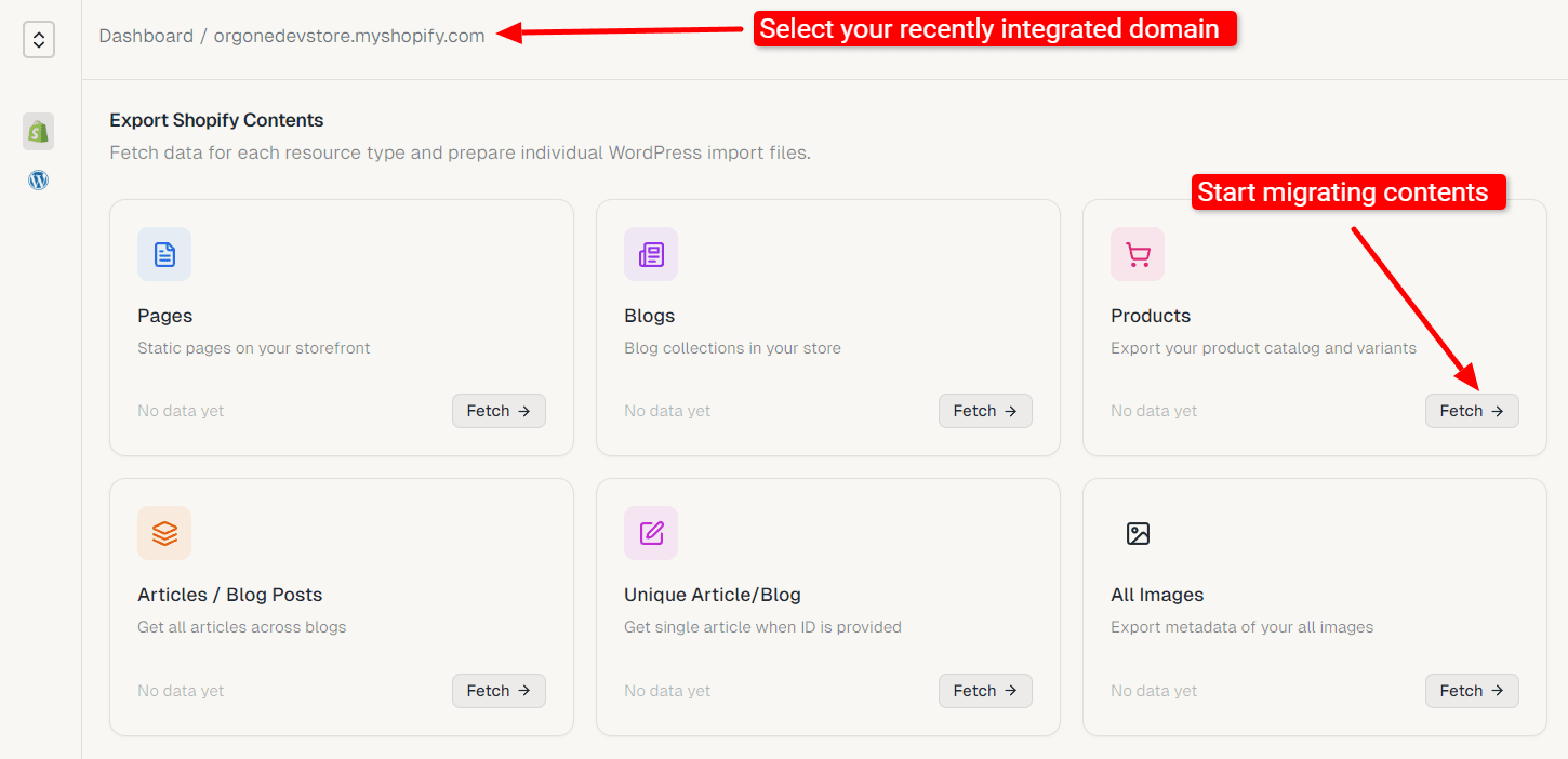 Migration Master dashboard with the Export Shopify Contents screen after connecting a store