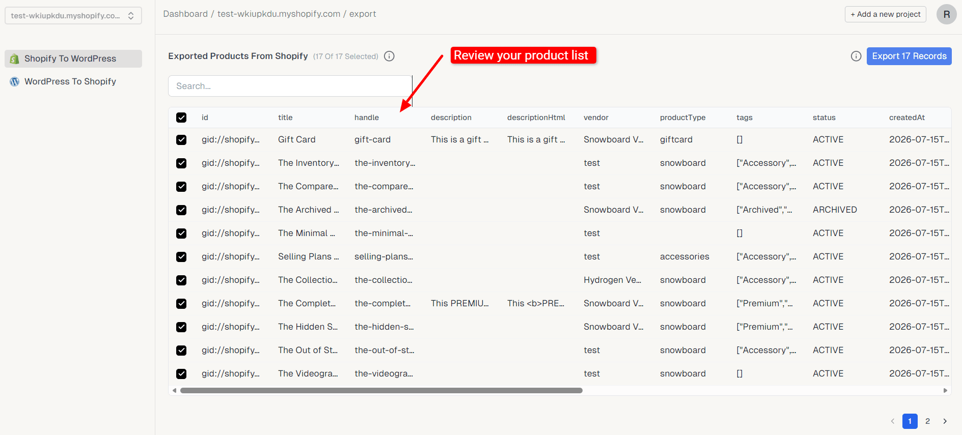 Searchable table of fetched Shopify records with checkboxes for selecting which ones to export