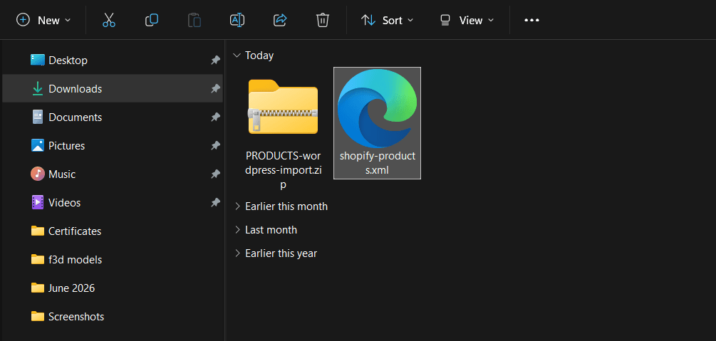 File explorer showing the downloaded WordPress import zip file