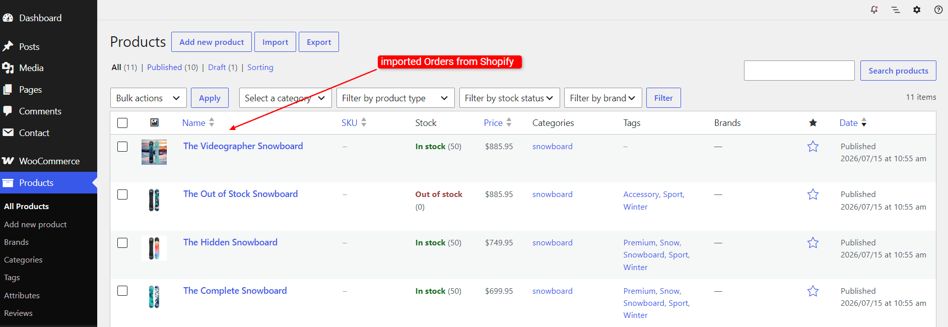 WordPress and WooCommerce screens showing imported products, orders, pages, and images