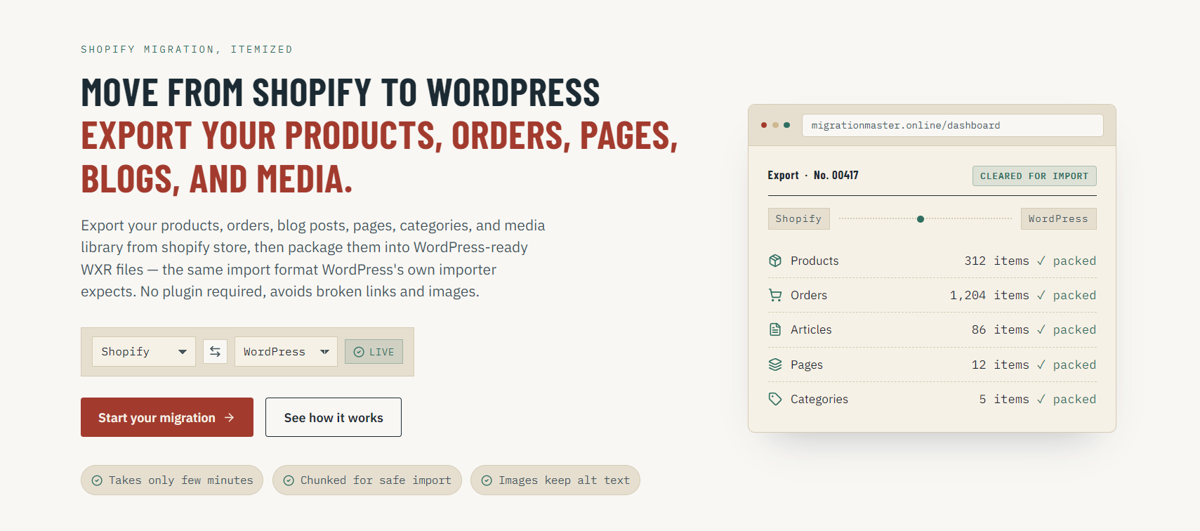 I built a Shopify to WordPress migration tool that uses XML to preserve products, pages, media, meta logo